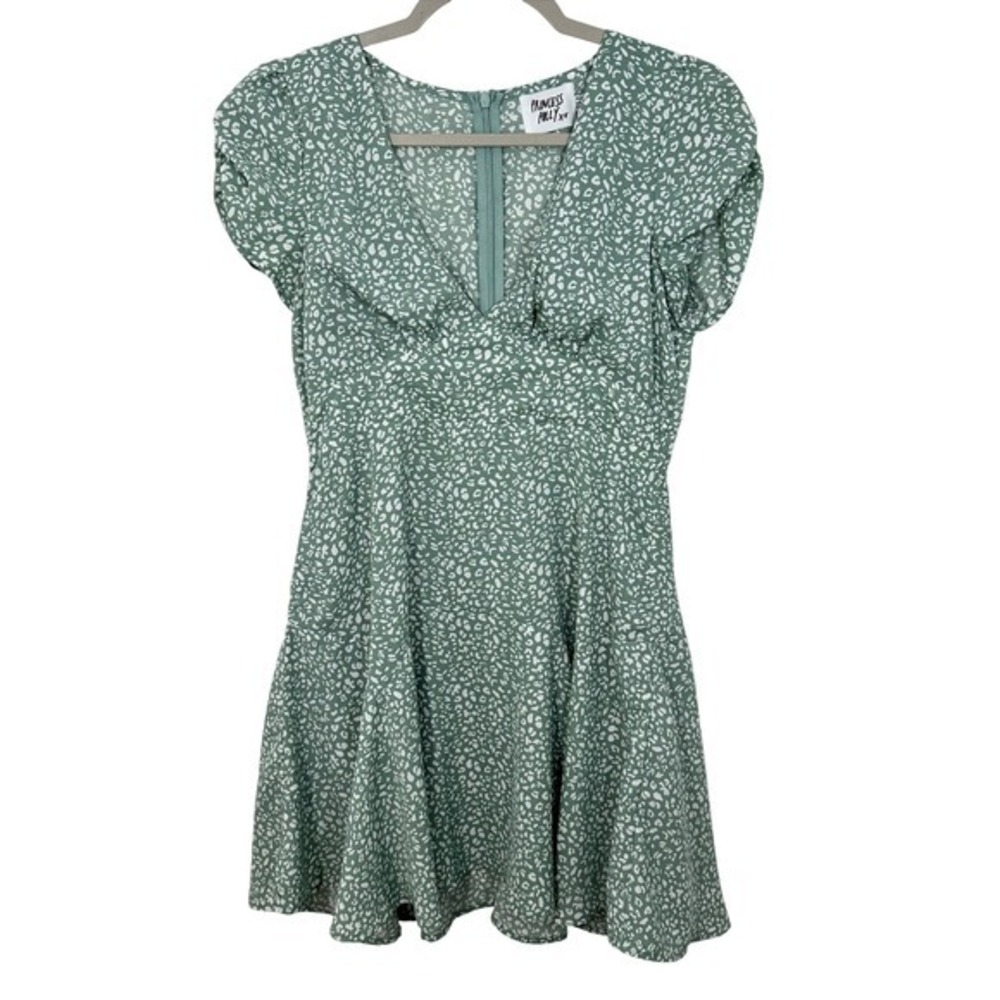 Princess Polly Green White Floral Print V‎ Neck Puff Sleeve Mini Dress Size 4